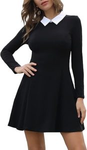 Long Sleeve Casual Peter Pan Collar Fit and Flare Skater Dress - Shop Black Dress with White Collar